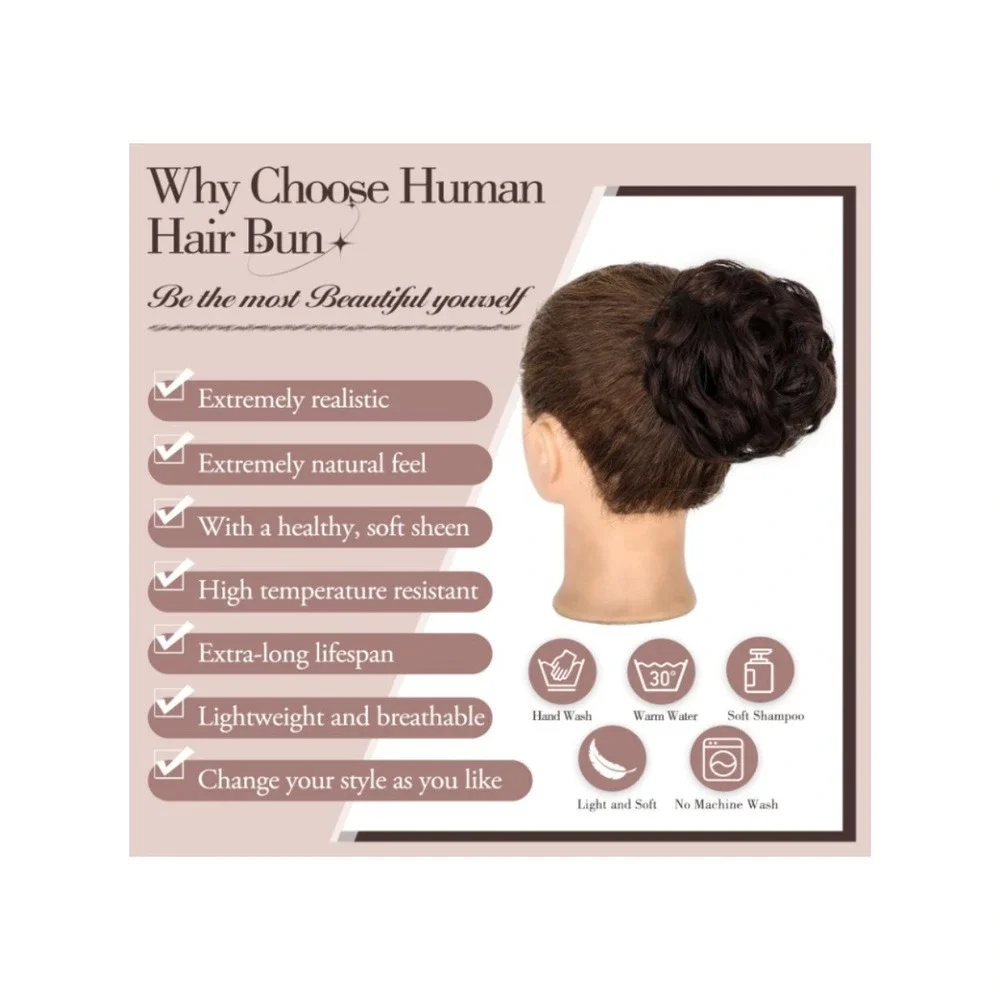Human Hair Messy Bun Hair Piece Claw Clip Natural Curly Chignon Updo Dark Brown